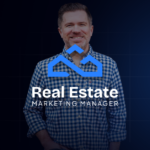 Real estate marketing manager logo with a man in a blue shirt in the background.
